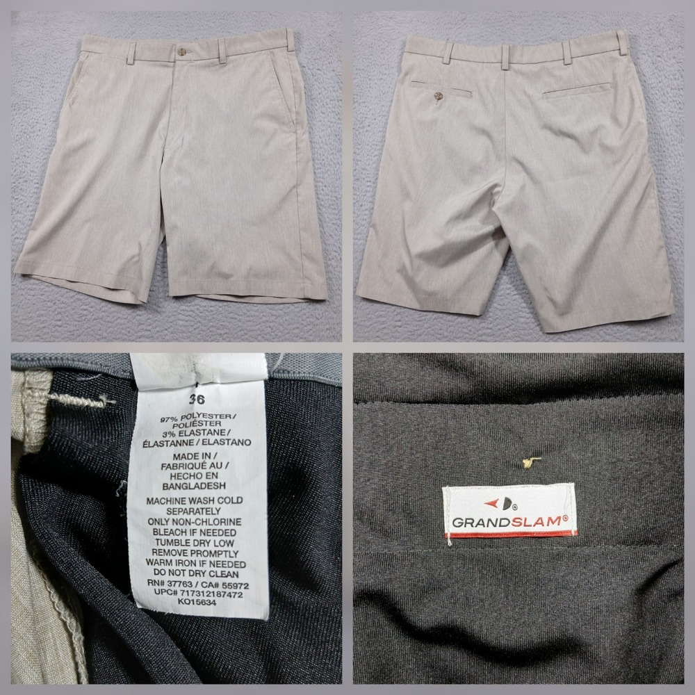 Grand Slam Performance Golf Shorts Mens 36 Khaki Beige Flat Front Stretch
